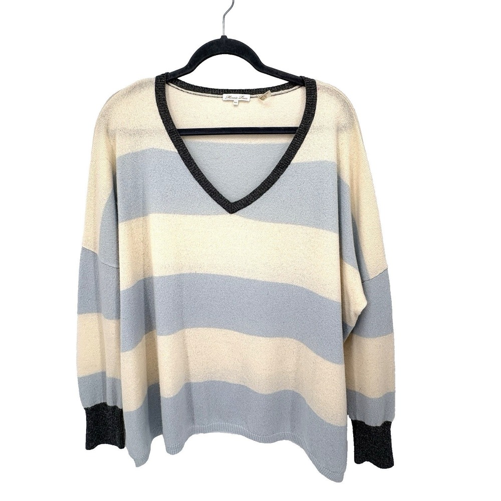 Minnie Rose Cashmere Sweater Medium / Large Blue Striped Cozy Luxe Oversized